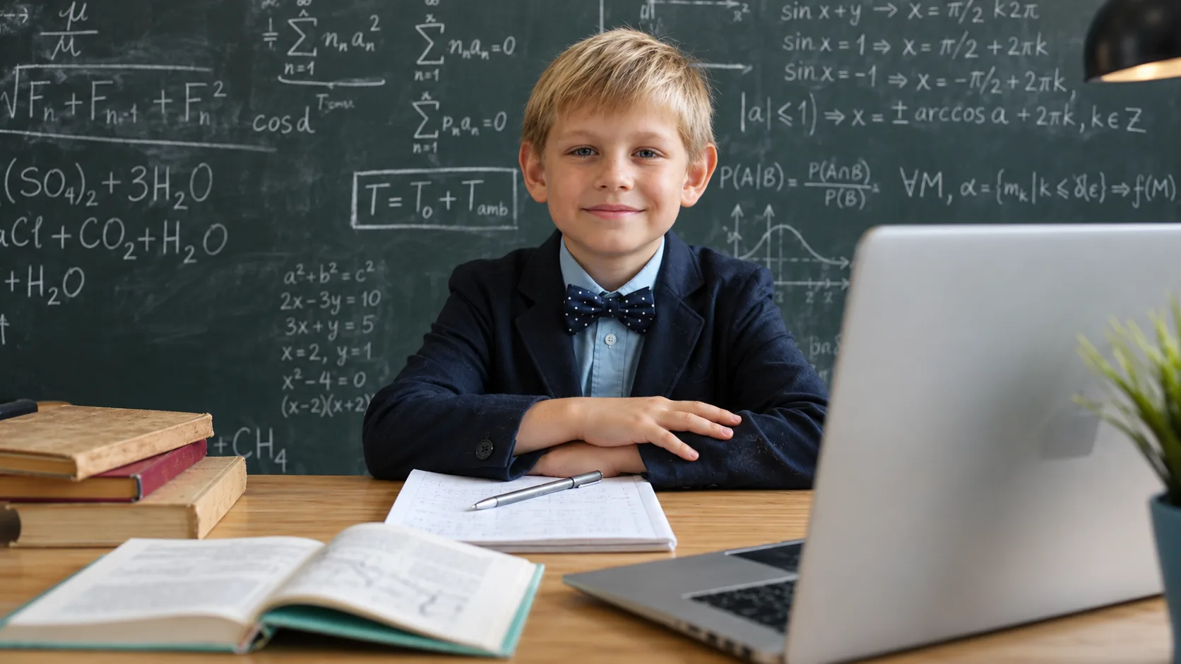 Smiling boy at a desk with a laptop in front of a blackboard