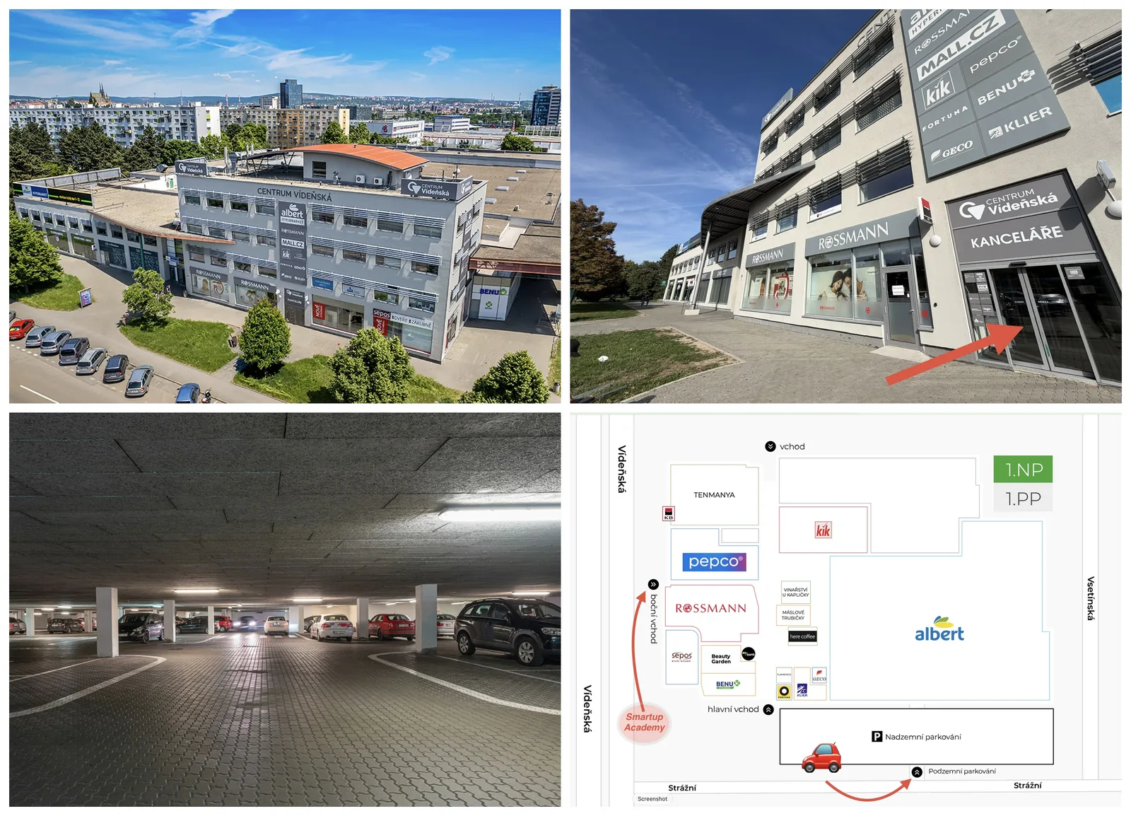 Centrum Vídeňská: the building from outside, the side entrance from Vídeňská Street, the underground garage and a plan with the side entrance and parking