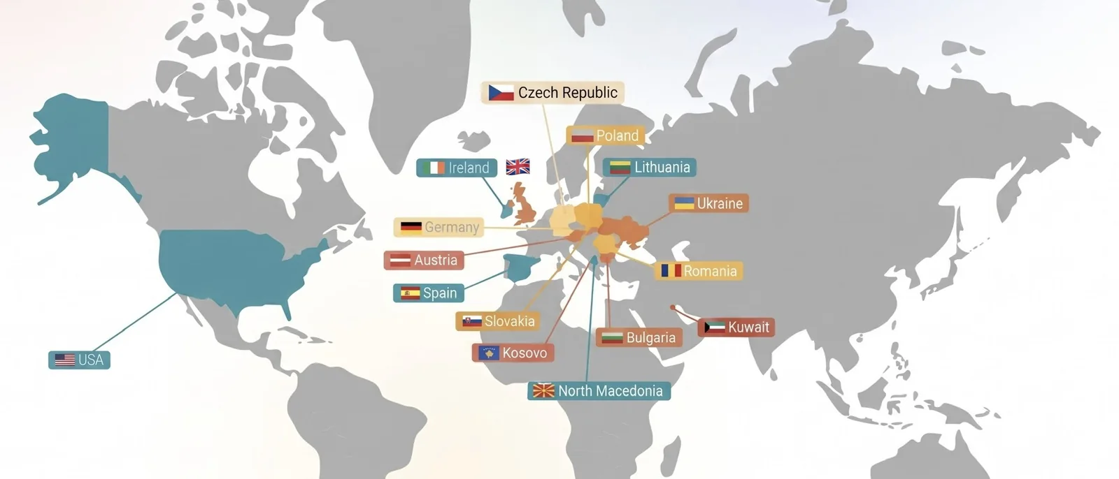 World map of the countries where Abakus Europe is present, including the Czech Republic